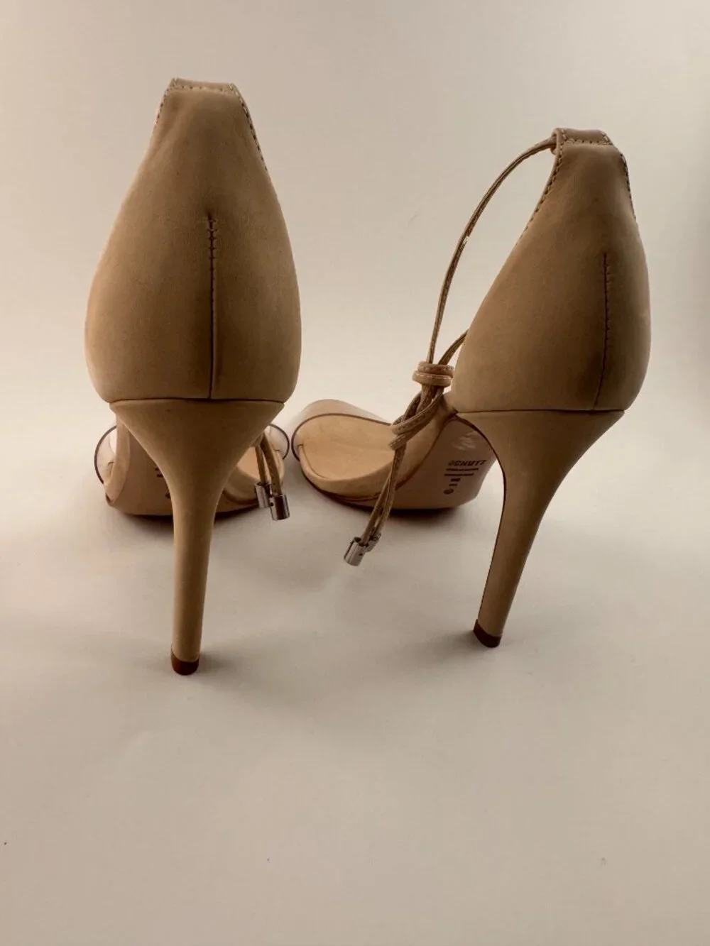 SCHUTZ Beige Nude Suede Clear Vinyl Strap Ankle Tie Stiletto Heels 8B